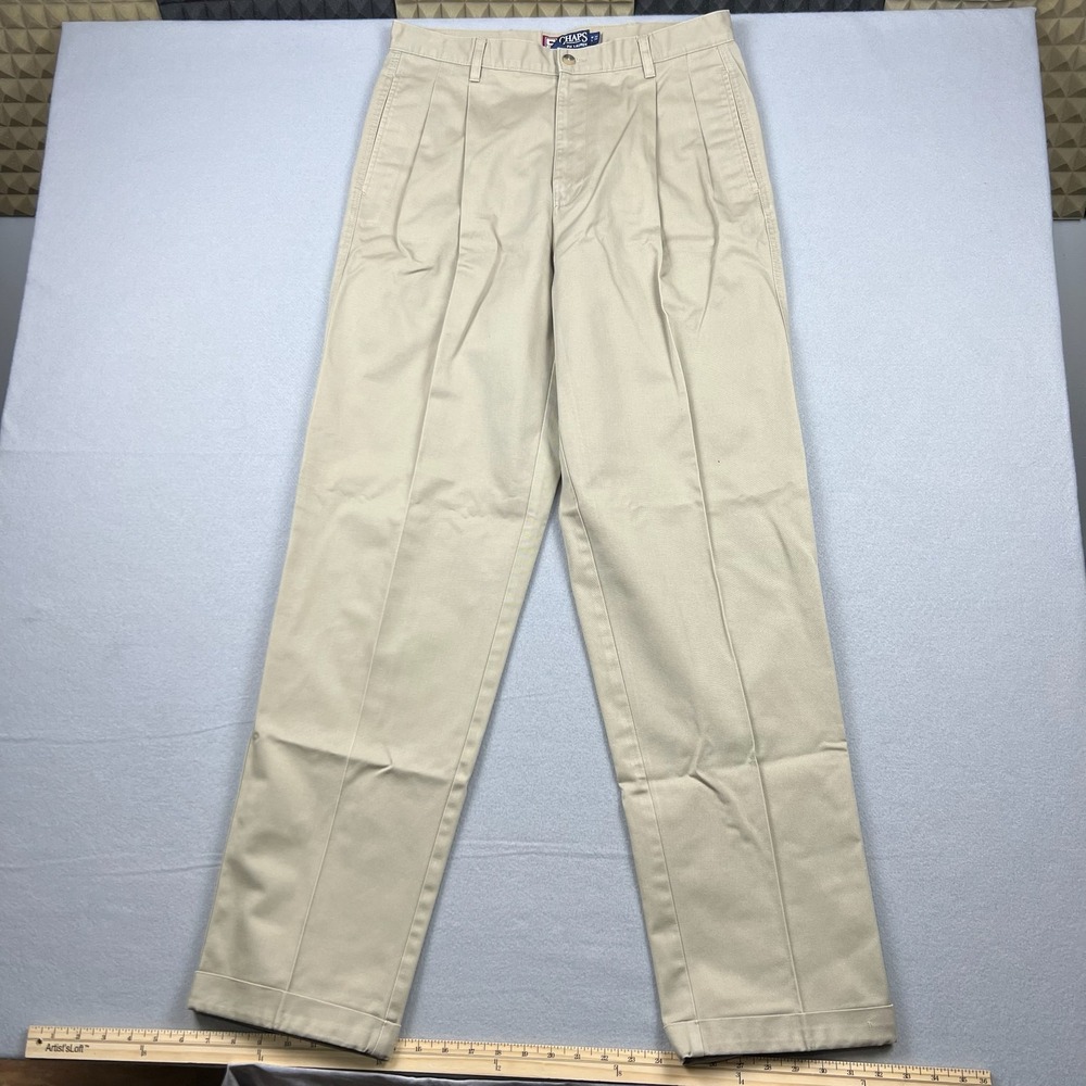 Vintage Chaps Ralph Lauren Men 34x34 Tan Double Pleated Cuffed Chino Khaki Pants